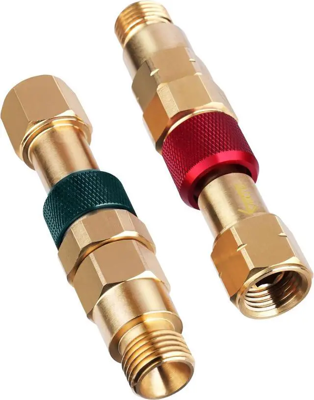 Main image of Upgraded QDB10 Torch to Hose Quick Connect Set, With Check Valves. Brass construction color coded for safety (oxy/green, fuel/red).