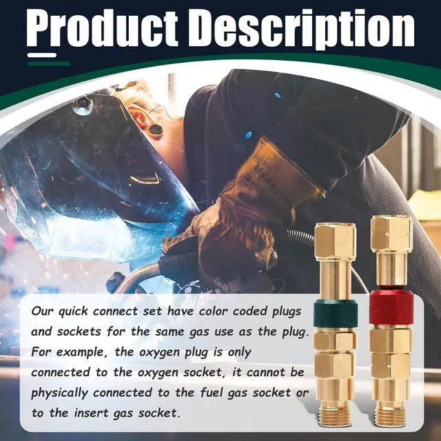 Alt view image 2 of 7 - Upgraded QDB10 Torch to Hose Quick Connect Set, With Check Valves. Brass construction color coded for safety (oxy/green, fuel/red).