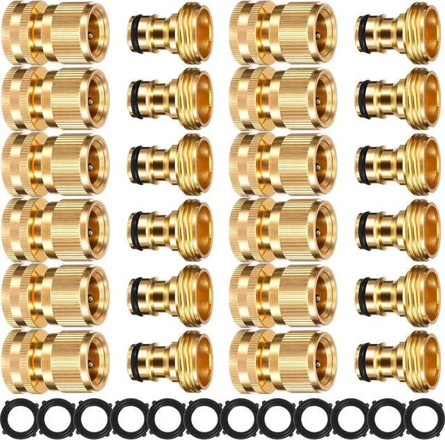 Main image of 12 Sets Garden Hose Quick Connector Solid 3/4 Inch Water Hose Connectors No Leak Heavy Duty Garden Fitting Female Adapter and Male Adapter (Brass Color)