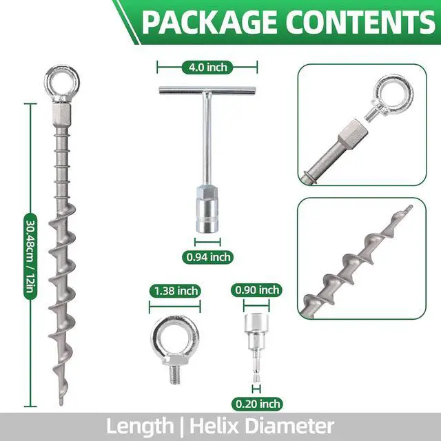 Alt view image 2 of 7 - 12 Pcs 12" Rustproof Aluminum Screw in Tent Stakes, Heavy Duty Ground Anchors with 8mm Adapter & Hooks, Durable Metal Stakes for Outdoor Camping, Tarp, Swing Sets, Lightweight & Strong Grip