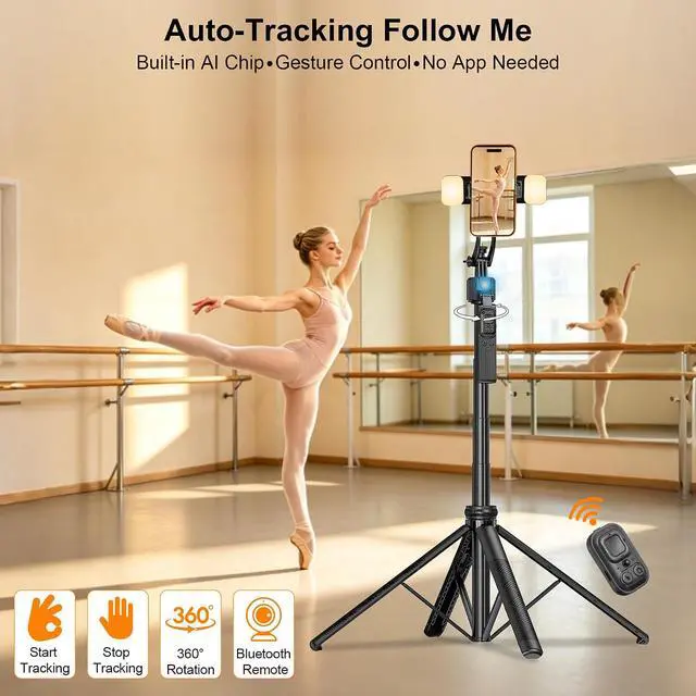 Alt view image 2 of 7 - 63" Phone Tripod with Auto Face Tracking, 360° Rotation Selfie Stick Tripod for iPhone & Action Camera, Detachable Phone Holder & Wireless Remote, Portable Tripod for Video Recording/Vlogging/Live