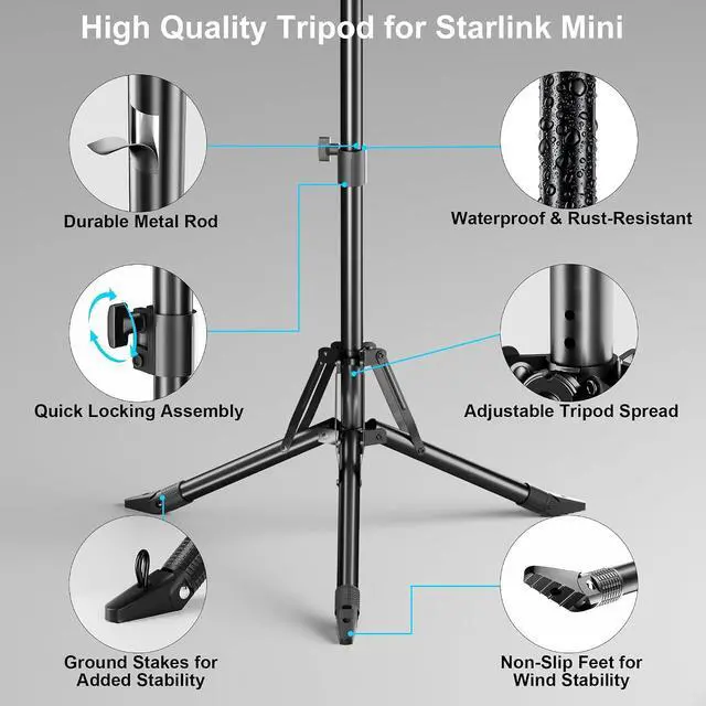 Alt view image 6 of 7 - Starlink Mini Tripod Stand, Adjustable 45"-49" with 180° Mount Angle | Heavy-Duty Wind-Resistant Tripod Mount with Ground Nail and Adapter, Foldable Portable Design for RV Travel and Camping Use