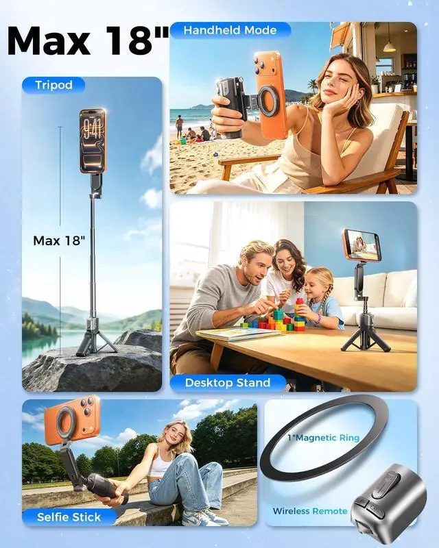 Alt view image 3 of 7 - Magnetic Phone Camera Grip with Zoom Wheel, 4-in-1 Selfie Stick & TripodMAX 19" ExtendablePocket 4.8" Detachable Bluetooth Remote, Compatible with MagSafe for iPhone, Vlogging & Content Creation