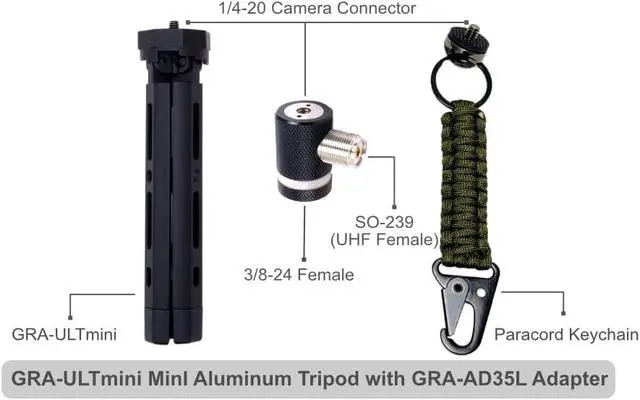Alt view image 2 of 6 - GRA-ULTmini Antenna Tripod Kit, 3/8-24, SO239 UHF, Black, GRA-AD35LB | Compact antenna tripod for 3/8-24 antennas with SO239 UHF coax connection, built for POTA, SOTA, QRP, and field use