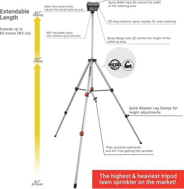 Alt view image 4 of 7 - 94154 PRO The Heaviest Weight Tripod (5.37 lbs) Adjustable 4-Way Mini Turbo Metal Oscillating Sprinkler W/Quick Connect Starter Set, Covers up to 4,069 sq. ft. Telescoping Tripod Style