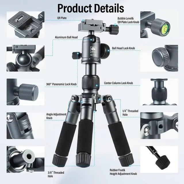 Alt view image 2 of 7 - Compact Mini Desktop Tripod, 20" Aluminum Portable Small Tabletop Tripod Stand with 360° Ball Head for DSLR, Camera, Phone, Loaded up to 17.64lbs, Phone Holder Included, AM-TT50