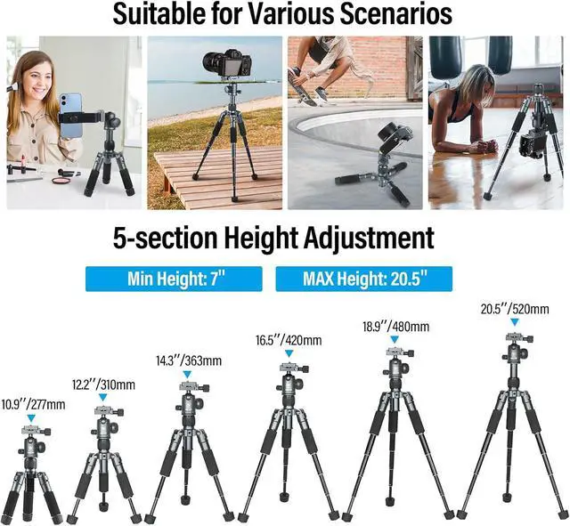 Alt view image 5 of 7 - Compact Mini Desktop Tripod, 20" Aluminum Portable Small Tabletop Tripod Stand with 360° Ball Head for DSLR, Camera, Phone, Loaded up to 17.64lbs, Phone Holder Included, AM-TT50