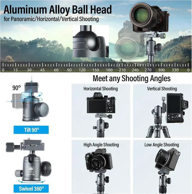 Alt view image 7 of 7 - Compact Mini Desktop Tripod, 20" Aluminum Portable Small Tabletop Tripod Stand with 360° Ball Head for DSLR, Camera, Phone, Loaded up to 17.64lbs, Phone Holder Included, AM-TT50