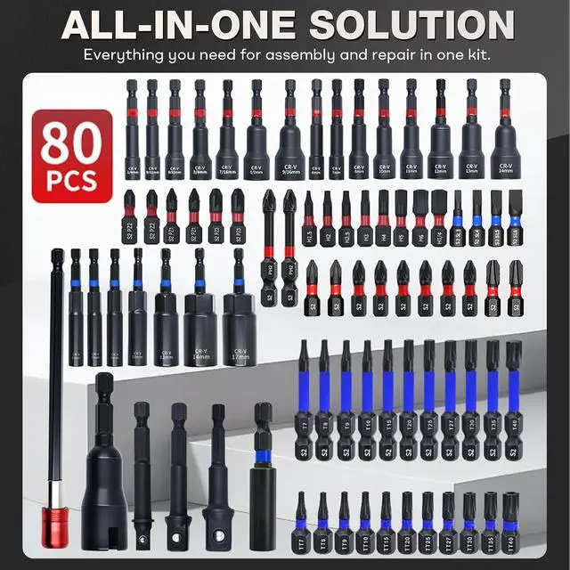 Alt view image 2 of 6 - 80-Piece Magnetic Impact Nut Driver Set, SAE & Metric Drill Bit Socket Set with Universal Sockets, Wing Nut Drivers, Adapters & Bit Holder for Power Drill, Impact Driver, Auto & Home Repair