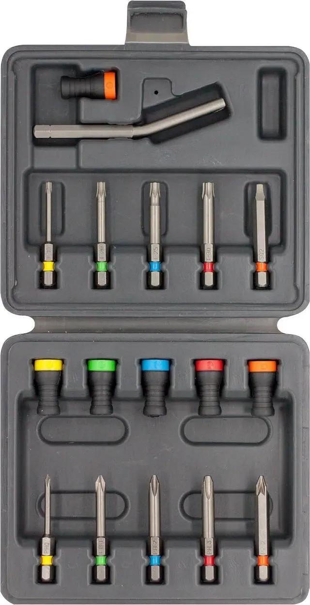 Main image of SET 17, sturdy plastic box with magnetic holders and bits of different types - B33 TORX SQ PH PZ - Set of 17 pieces: includes bits, bit holders and magnetic holders