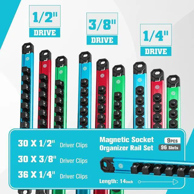 Alt view image 2 of 7 - Magnetic Socket Organizer Set, 1/4, 3/8, 1/2 Aluminum Alloy Socket Rail with 96 Clips, Socket Holder for Tool Box Drawer, Tool Cart and Garage Organization(9PCS)