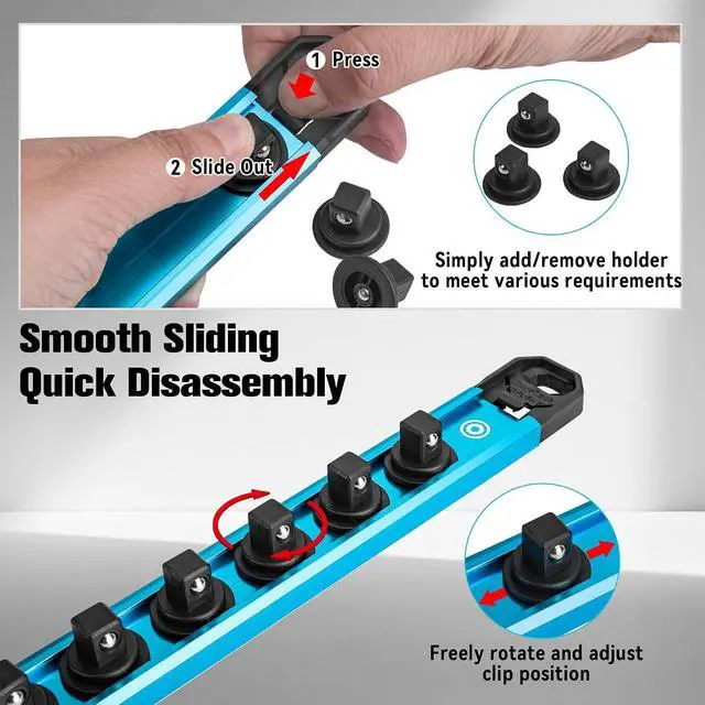 Alt view image 3 of 7 - Magnetic Socket Organizer Set, 1/4, 3/8, 1/2 Aluminum Alloy Socket Rail with 96 Clips, Socket Holder for Tool Box Drawer, Tool Cart and Garage Organization(9PCS)