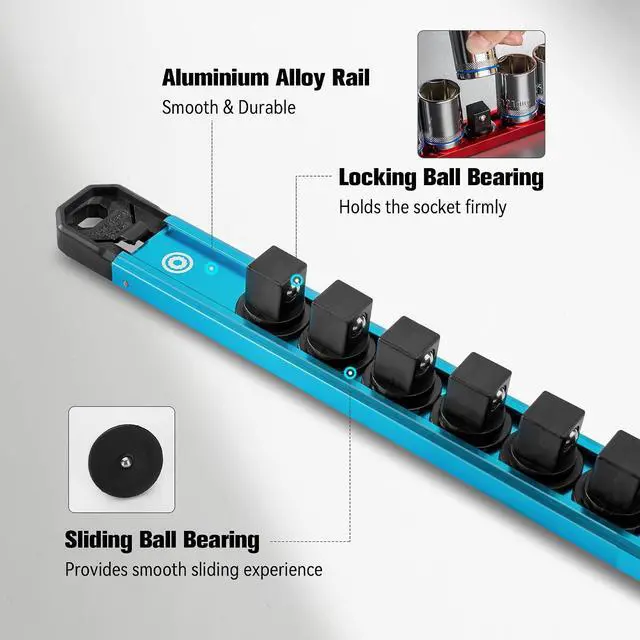 Alt view image 4 of 7 - Magnetic Socket Organizer Set, 1/4, 3/8, 1/2 Aluminum Alloy Socket Rail with 96 Clips, Socket Holder for Tool Box Drawer, Tool Cart and Garage Organization(9PCS)