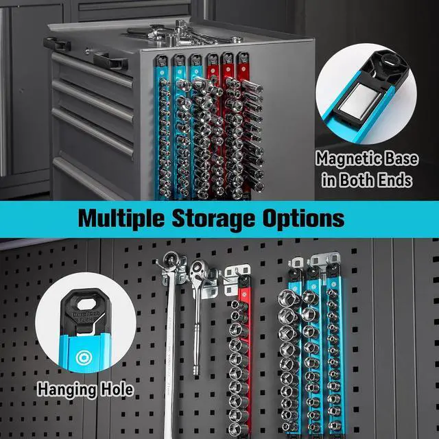Alt view image 5 of 7 - Magnetic Socket Organizer Set, 1/4, 3/8, 1/2 Aluminum Alloy Socket Rail with 96 Clips, Socket Holder for Tool Box Drawer, Tool Cart and Garage Organization(9PCS)