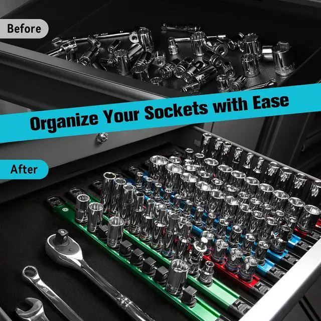 Alt view image 6 of 7 - Magnetic Socket Organizer Set, 1/4, 3/8, 1/2 Aluminum Alloy Socket Rail with 96 Clips, Socket Holder for Tool Box Drawer, Tool Cart and Garage Organization(9PCS)