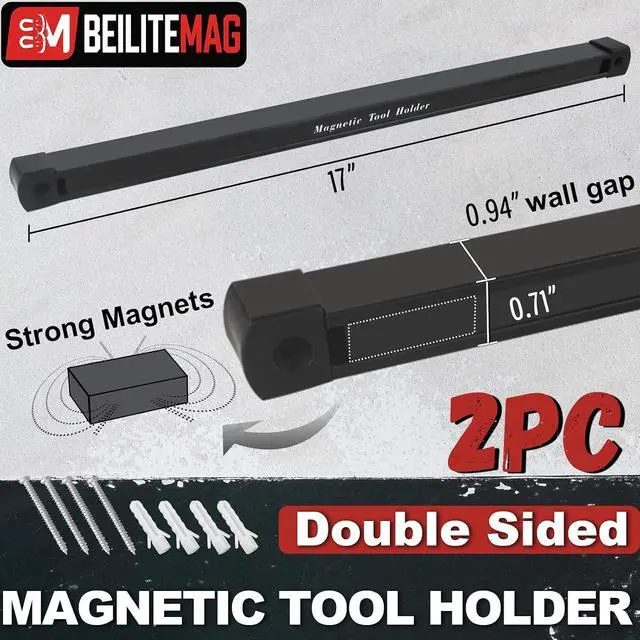 Alt view image 4 of 7 - 17 Inch Double Sided Magnetic Tool Holder, Heavy Duty Wall Mount Bar with Extra Strong Magnets for Screwdrivers Wrenches Pliers, Magnetic Tool Strips for Garage Workshop or Jobsite (2 Pack)