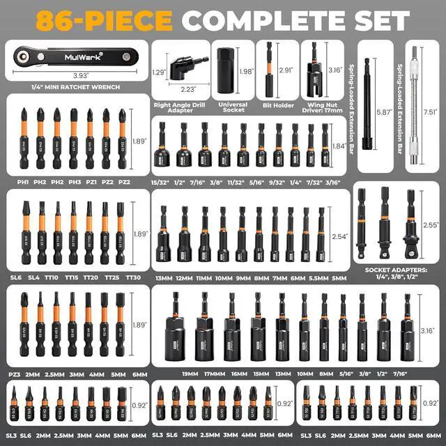 Alt view image 2 of 7 - 86PC Magnetic Nut Driver Set & Impact Driver Bit Set, 1/4" Metric & SAE Sockets, Nut Driver Set Power Bits, Adapters, Extensions, Universal Socket, Wing Nut Driver & Bit Holder for Automotive