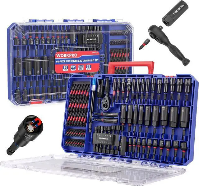 Main image of 98-Piece Magnetic Nut Driver Set, Impact Driver Bits, Metric & SAE Cr-V Nut Drivers with Bit Holder, Universal Socket, Socket Adapter, Wing Nut Driver, Ratchet Handle, Quick-Release Extension
