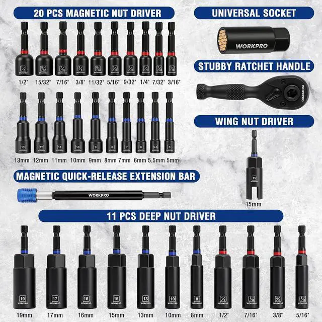 Alt view image 2 of 7 - 98-Piece Magnetic Nut Driver Set, Impact Driver Bits, Metric & SAE Cr-V Nut Drivers with Bit Holder, Universal Socket, Socket Adapter, Wing Nut Driver, Ratchet Handle, Quick-Release Extension