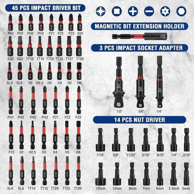 Alt view image 3 of 7 - 98-Piece Magnetic Nut Driver Set, Impact Driver Bits, Metric & SAE Cr-V Nut Drivers with Bit Holder, Universal Socket, Socket Adapter, Wing Nut Driver, Ratchet Handle, Quick-Release Extension