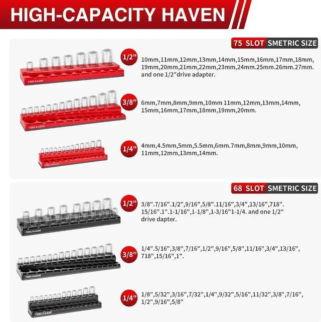 Alt view image 2 of 6 - 6Pcs Magnetic Socket Organizer Set,1/4", 3/8", 1/2" Magnetic Sockets Trays Holds 143 Pieces (Black, Red)