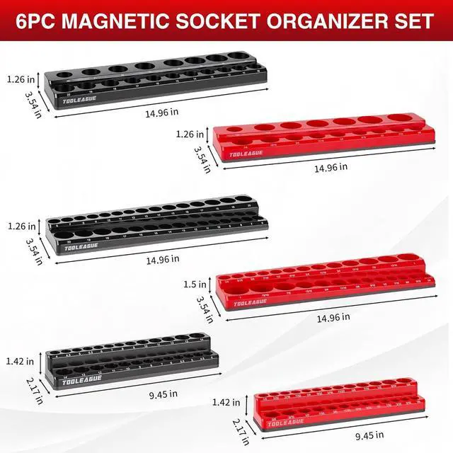Alt view image 3 of 6 - 6Pcs Magnetic Socket Organizer Set,1/4", 3/8", 1/2" Magnetic Sockets Trays Holds 143 Pieces (Black, Red)