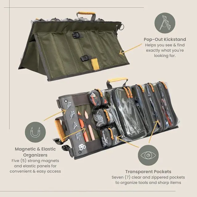 Alt view image 2 of 6 - Heavy Duty Roll Up Tool Bag Organizer w/Kickstand for Upright Visibility & Easy Access, 7 Pockets w/Zippers, Multiple Carrying & Hanging Handles, Magnetic & Elastic Organizers, Adjustable Strap