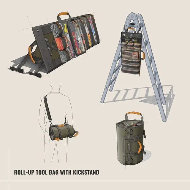 Alt view image 4 of 6 - Heavy Duty Roll Up Tool Bag Organizer w/Kickstand for Upright Visibility & Easy Access, 7 Pockets w/Zippers, Multiple Carrying & Hanging Handles, Magnetic & Elastic Organizers, Adjustable Strap