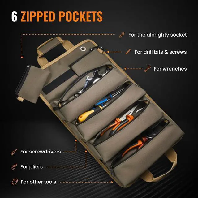 Alt view image 3 of 7 - Heavy Duty Roll-Up Tool Organizer Bag with Detachable Pouches | Tool Bag for Handyman, Electrician, Mechanic, Plumber, Carpenter, Garage, Workshop, Truck, RV & Outdoor Use