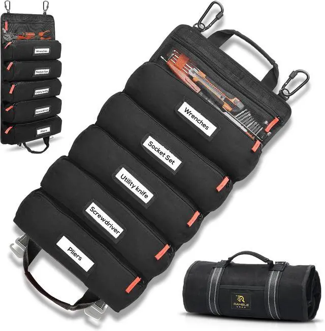 Main image of Roll up tool bag with Carabiners - 5 Large Oversized Pockets with Labels-Tool roll bag organizer - Canvas foldable tool Bag organizer | Tool organizer bag for Mechanic, Electrician & more