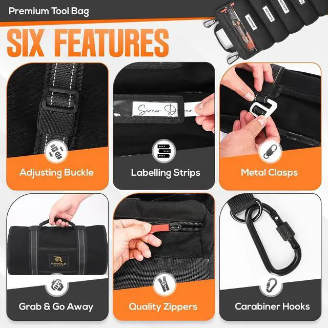Alt view image 3 of 6 - Roll up tool bag with Carabiners - 5 Large Oversized Pockets with Labels-Tool roll bag organizer - Canvas foldable tool Bag organizer | Tool organizer bag for Mechanic, Electrician & more