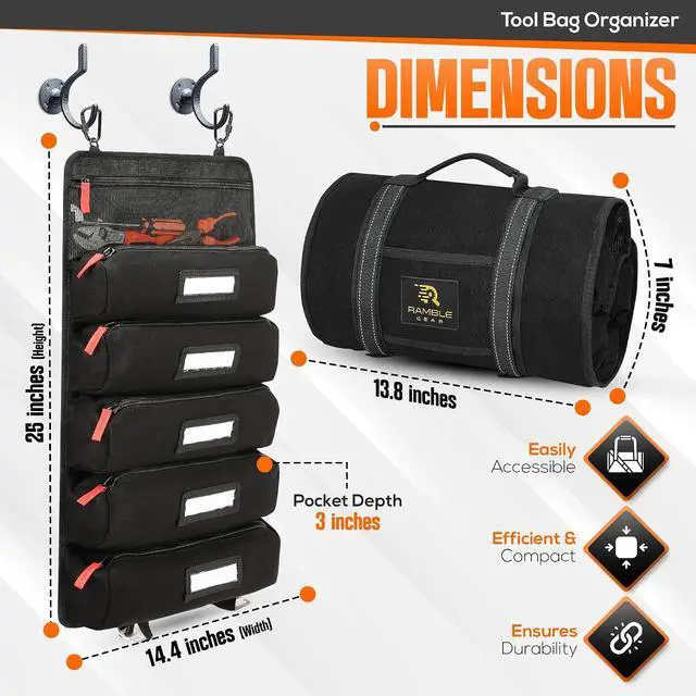 Alt view image 2 of 6 - Roll up tool bag with Carabiners - 5 Large Oversized Pockets with Labels-Tool roll bag organizer - Canvas foldable tool Bag organizer | Tool organizer bag for Mechanic, Electrician & more