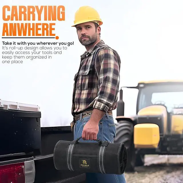 Alt view image 4 of 6 - Roll up tool bag with Carabiners - 5 Large Oversized Pockets with Labels-Tool roll bag organizer - Canvas foldable tool Bag organizer | Tool organizer bag for Mechanic, Electrician & more