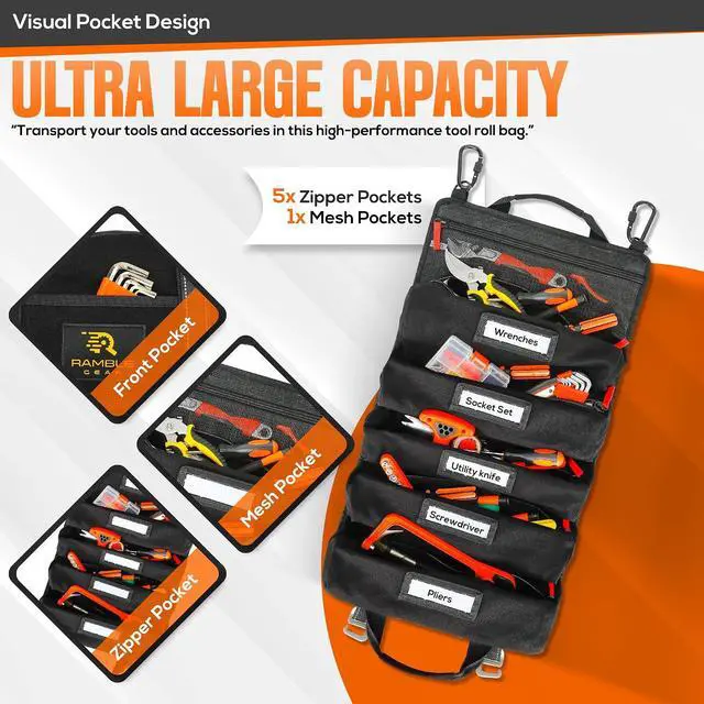 Alt view image 5 of 6 - Roll up tool bag with Carabiners - 5 Large Oversized Pockets with Labels-Tool roll bag organizer - Canvas foldable tool Bag organizer | Tool organizer bag for Mechanic, Electrician & more