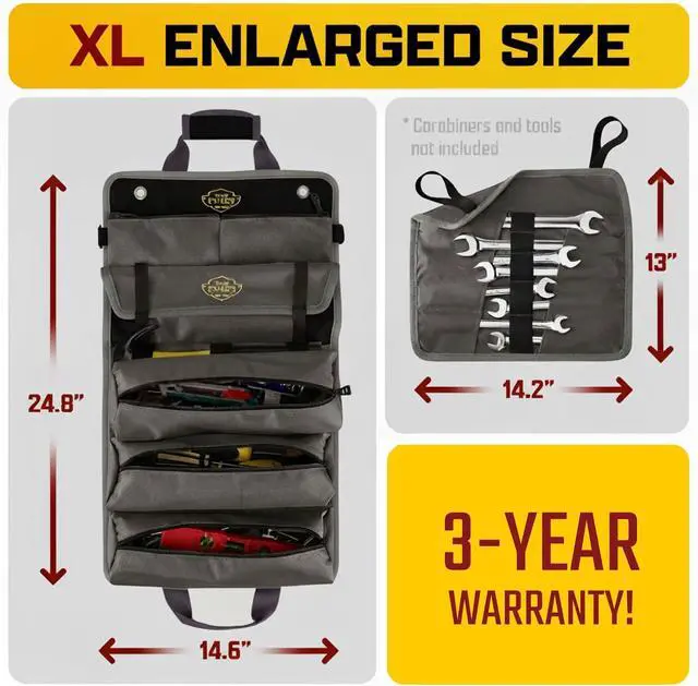 Alt view image 2 of 7 - Black Pro Tool Roll Heavy-Duty Canvas Roll-Up Tool Organizer w/detachable pouches for Bolts, Sockets & Small Power Tools for Electricians, Plumbers, HVAC Techs & DIY Professionals