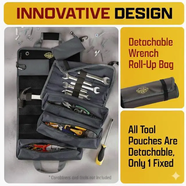 Alt view image 4 of 7 - Black Pro Tool Roll Heavy-Duty Canvas Roll-Up Tool Organizer w/detachable pouches for Bolts, Sockets & Small Power Tools for Electricians, Plumbers, HVAC Techs & DIY Professionals