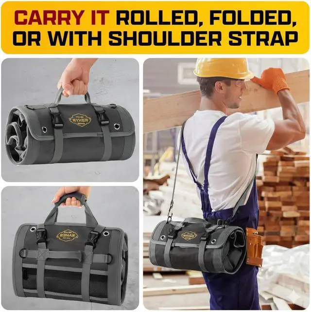 Alt view image 5 of 7 - Black Pro Tool Roll Heavy-Duty Canvas Roll-Up Tool Organizer w/detachable pouches for Bolts, Sockets & Small Power Tools for Electricians, Plumbers, HVAC Techs & DIY Professionals