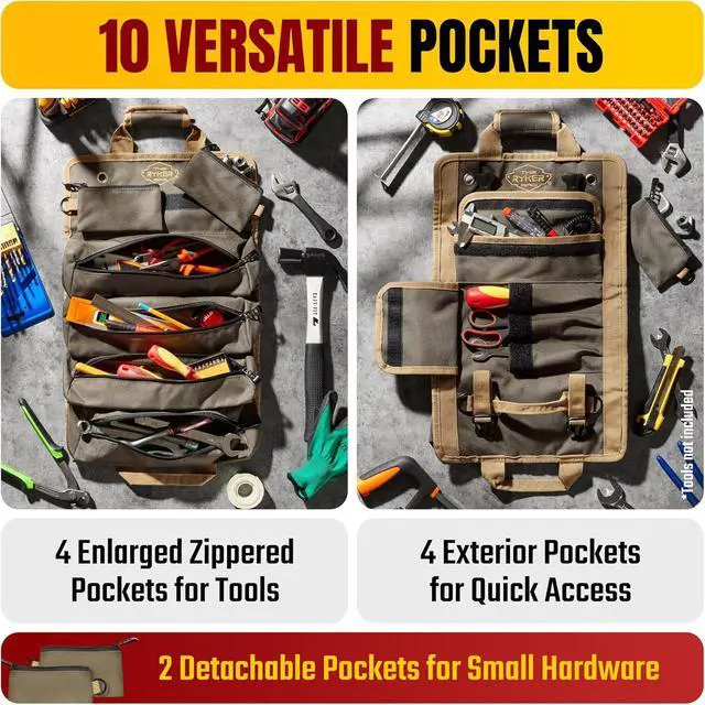 Alt view image 2 of 7 - Tool Roll Organizer with Detachable Pockets Heavy Duty Roll-Up ToolBag for Mechanics, Electricians, Plumbers, Contractors, Garage & Job Site Use Gift for Dads (AP-TR)