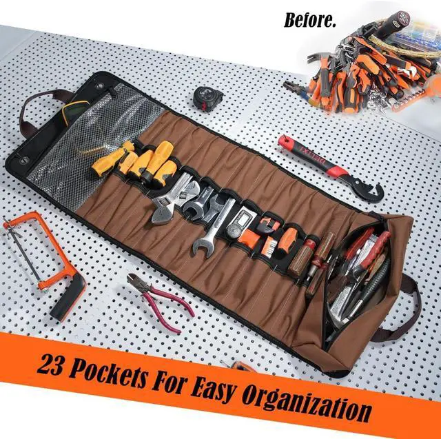 Alt view image 4 of 7 - 23-Pocket Canvas Tool Roll, Heavy-Duty Tool Wrap Roll, Waterproof Canvas Roll Up Tool Bag, 14'' Tool Roll Bag Organizers, Easy-Access Screwdriver Roll Up Pouch