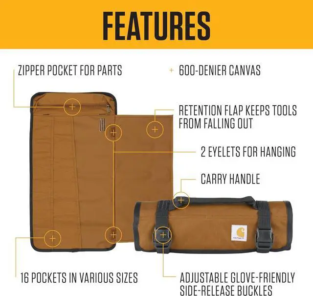 Alt view image 2 of 7 - Utility Roll Organizer, Durable, Water-Resistant Tool Roll, Gravel, 16 Pocket