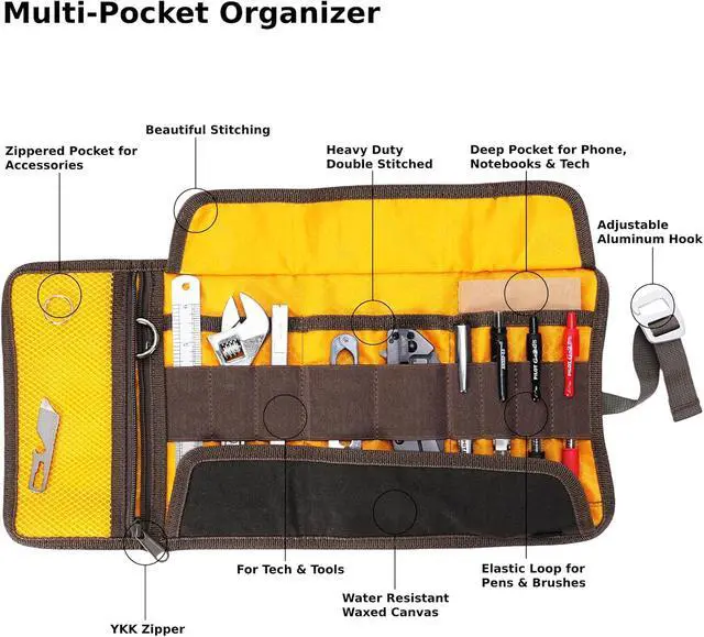 Alt view image 2 of 6 - Roll Up Tool Bag Organizer, Small Tool Roll for Pen Lovers & Tech, Waxed Canvas Tool Pouch Pen Bag Pen Case Organizer, Multi-Pocket with Elastic Loops for Pencils, Art Supply, Hard Drives - EDC Bag