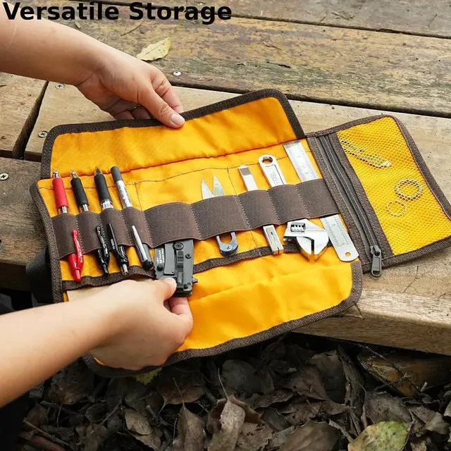 Alt view image 3 of 6 - Roll Up Tool Bag Organizer, Small Tool Roll for Pen Lovers & Tech, Waxed Canvas Tool Pouch Pen Bag Pen Case Organizer, Multi-Pocket with Elastic Loops for Pencils, Art Supply, Hard Drives - EDC Bag