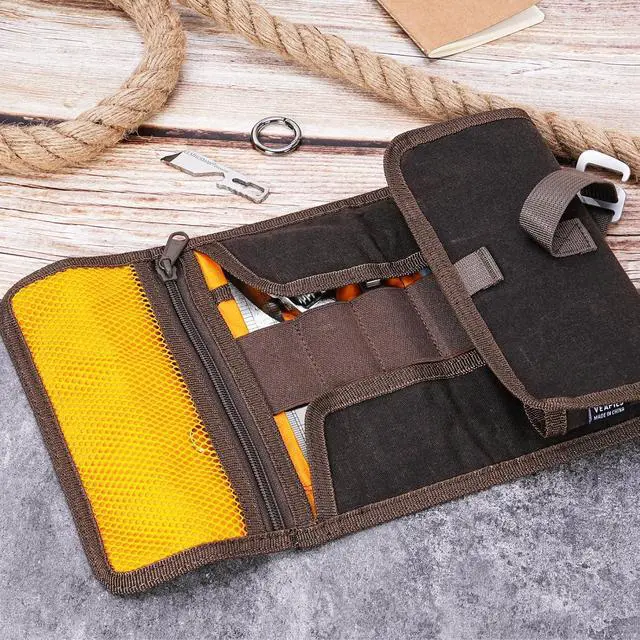 Alt view image 5 of 6 - Roll Up Tool Bag Organizer, Small Tool Roll for Pen Lovers & Tech, Waxed Canvas Tool Pouch Pen Bag Pen Case Organizer, Multi-Pocket with Elastic Loops for Pencils, Art Supply, Hard Drives - EDC Bag
