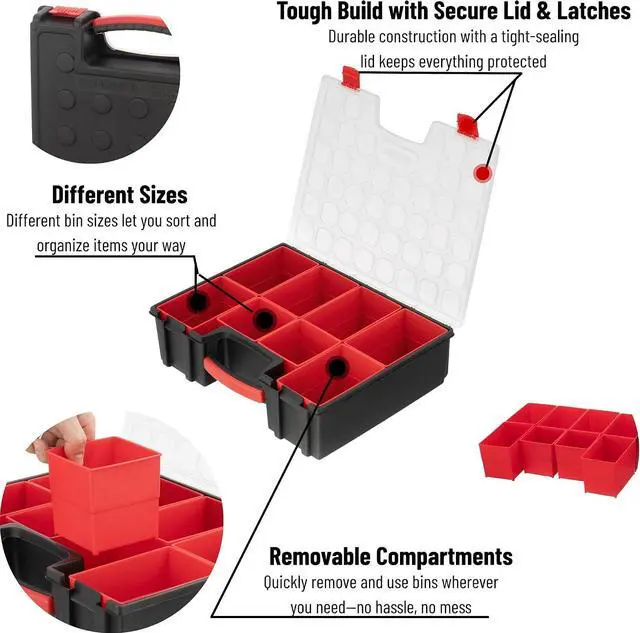 Alt view image 2 of 7 - Hardware Organizer with 8 Deep Removable Bins - Small Parts Storage Tool Box for Nuts, Bolts, Screws, Nails - 16.5" x 13" x 4.5" - Portable Handle Transparent Lid with Locks BX08-4034