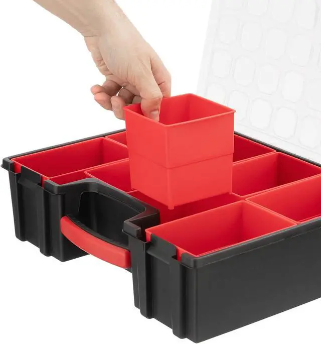 Alt view image 4 of 7 - Hardware Organizer with 8 Deep Removable Bins - Small Parts Storage Tool Box for Nuts, Bolts, Screws, Nails - 16.5" x 13" x 4.5" - Portable Handle Transparent Lid with Locks BX08-4034