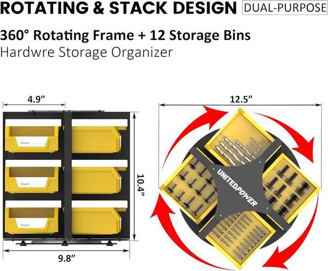 Alt view image 3 of 7 - Rotating Storage Bins, Tool Organizer, Hardware Crafts, Small Parts, Nuts and Bolts, Revolving 12 Bins Storage for Workshop, Shed, Garage, Home