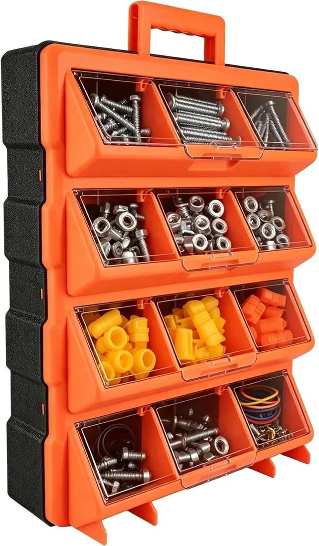 Main image of Tool Box Organizer,12-Compartment Portable Small Parts Organizer for Screws, Bolts,Nails,Washers, Wall-Mounted Hardware Storage Boxes for Garage, Truck, Workshop (Orange)