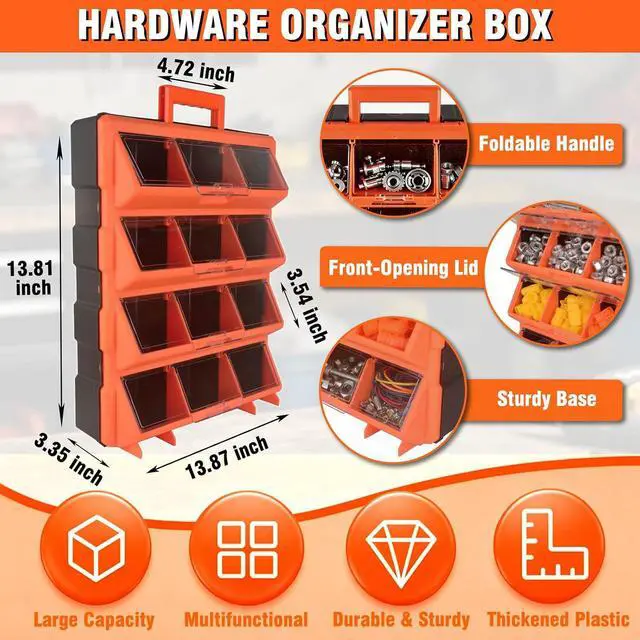 Alt view image 2 of 7 - Tool Box Organizer,12-Compartment Portable Small Parts Organizer for Screws, Bolts,Nails,Washers, Wall-Mounted Hardware Storage Boxes for Garage, Truck, Workshop (Orange)