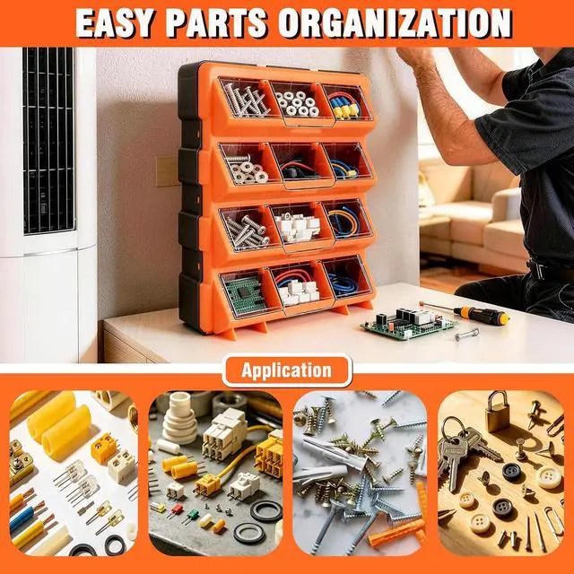 Alt view image 3 of 7 - Tool Box Organizer,12-Compartment Portable Small Parts Organizer for Screws, Bolts,Nails,Washers, Wall-Mounted Hardware Storage Boxes for Garage, Truck, Workshop (Orange)