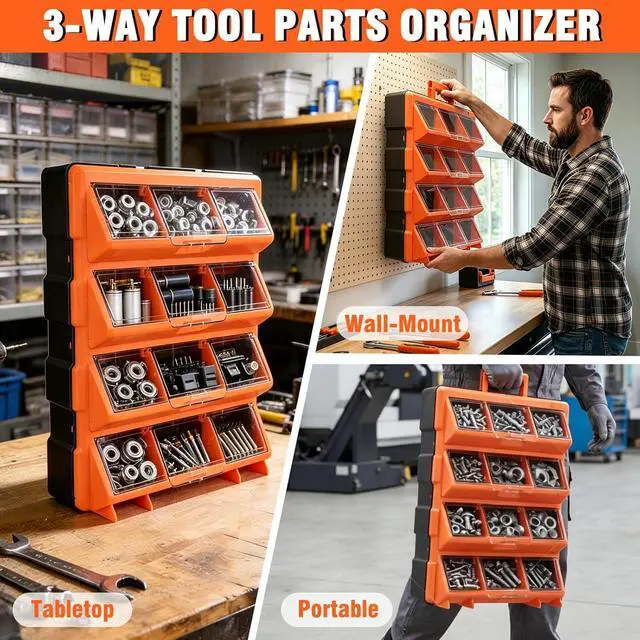 Alt view image 4 of 7 - Tool Box Organizer,12-Compartment Portable Small Parts Organizer for Screws, Bolts,Nails,Washers, Wall-Mounted Hardware Storage Boxes for Garage, Truck, Workshop (Orange)